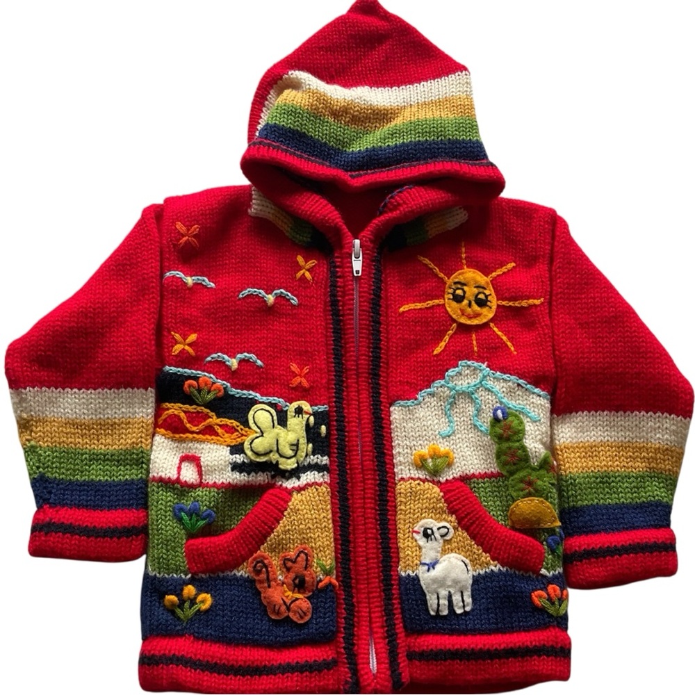 Peruvian Knit Embroidered Hooded Zip Up Red Sweater Animals Sun Toddler Sz 2